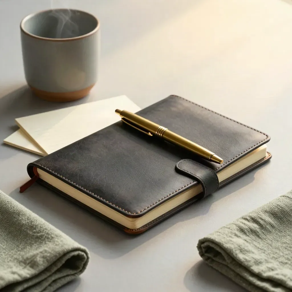 Founder notebook, brass pen, ceramic cup and note cards on a pale desk at dawn.