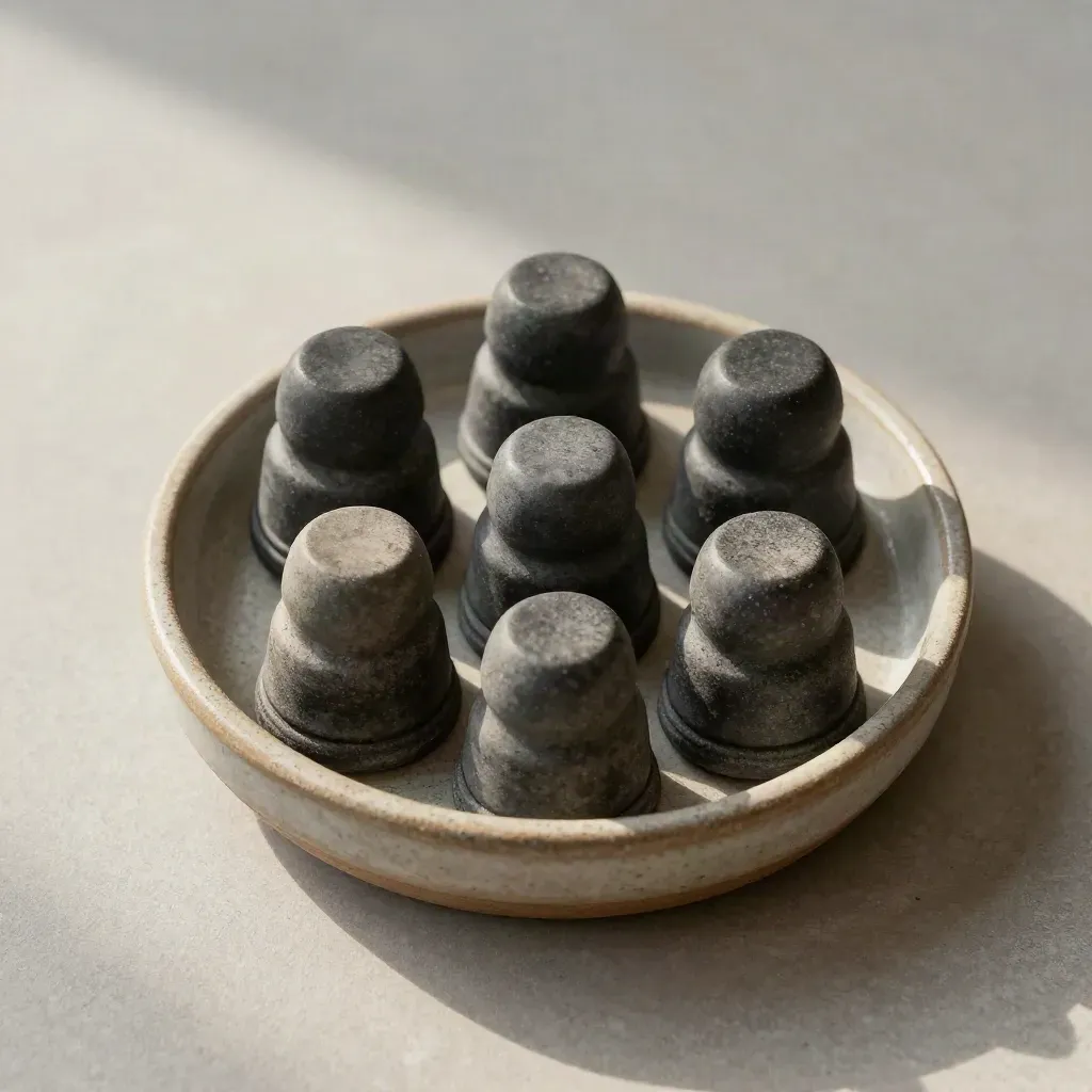 Seven charcoal progress markers settle in a stoneware dish on a pale ash desk under morning light