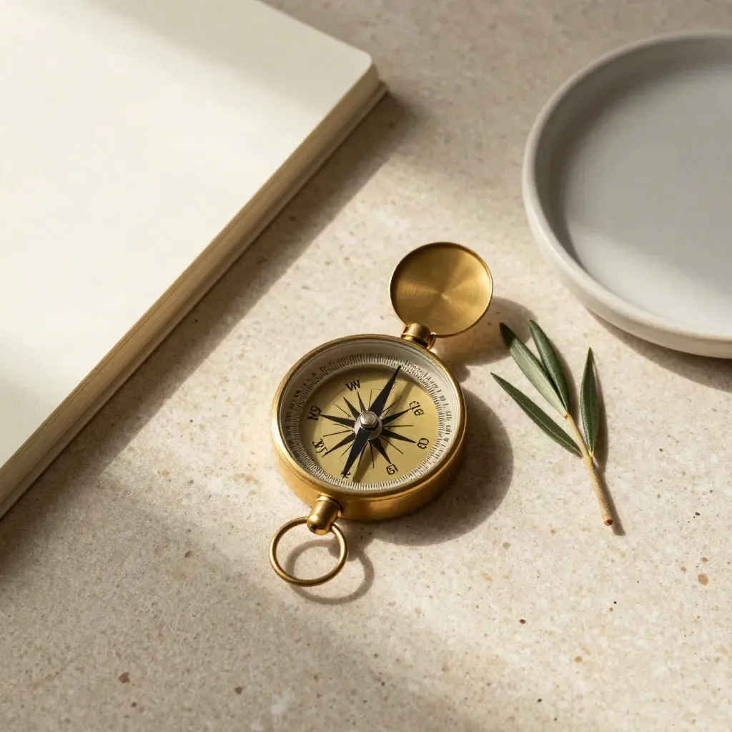 Overhead brass compass with notebook, olive sprig and ceramic dish on pale stone.