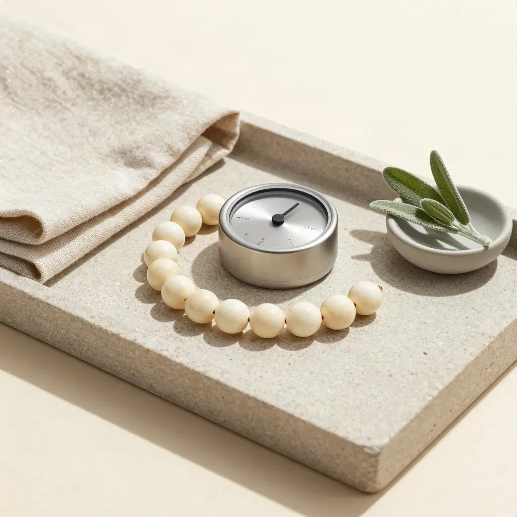 Stone tray with timer, seven beads, linen, and a tiny sage plant.
