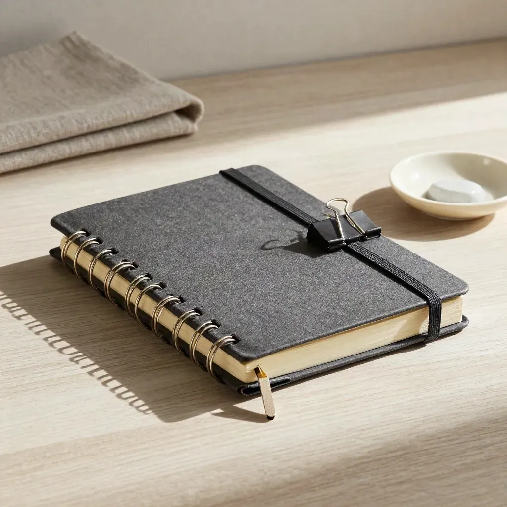 Clipped workshop notebook with stone paperweight and ceramic dish on pale wood.