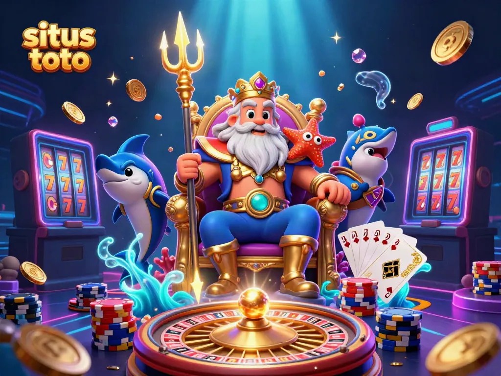 Engage with situs toto in this thrilling scene featuring Neptune and vibrant casino elements.