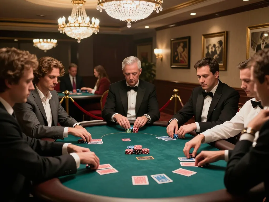 Players enjoy an intense poker game at GG88's lavish casino setup, showcasing strategic gameplay.