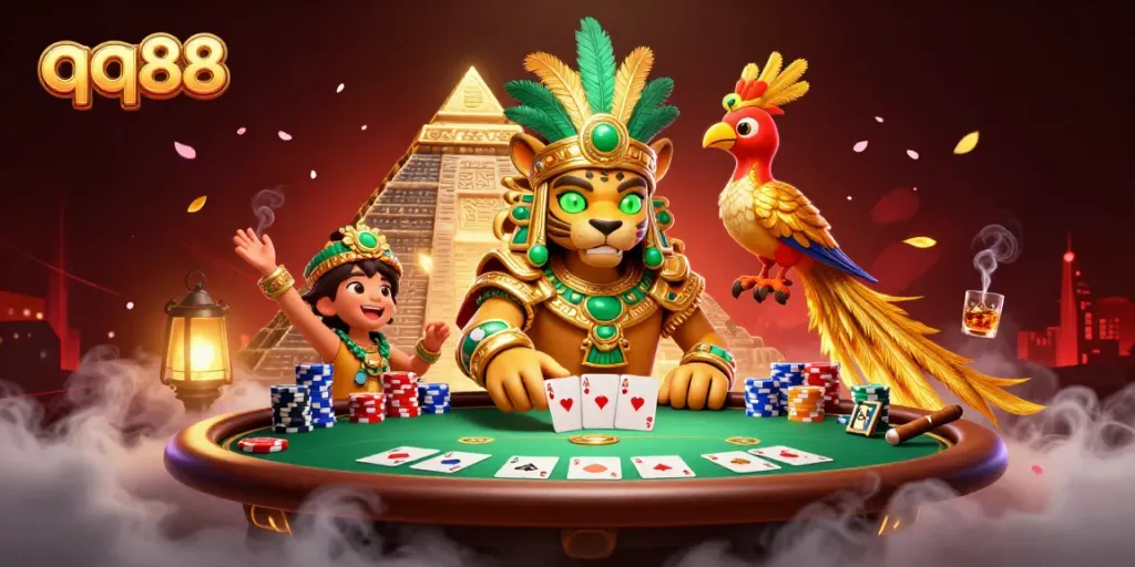 Experience the thrill of qq88 with an exhilarating casino scene filled with vibrant poker elements.