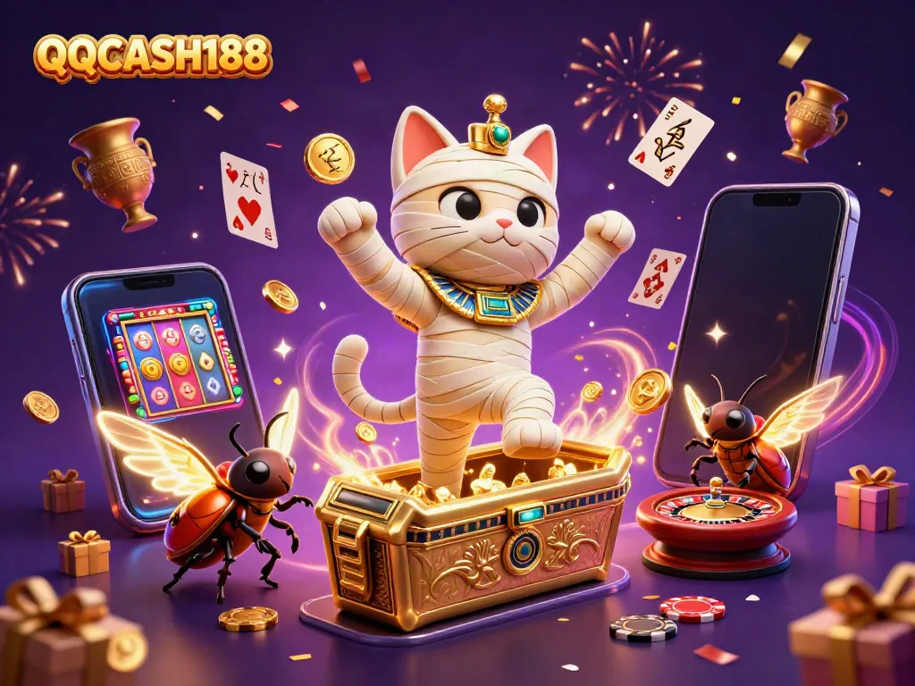 Experience the excitement of QQCASH188 with a dynamic scene of a mummy cat and casino elements.