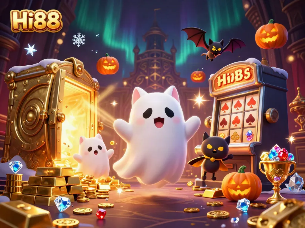 Experience the enchanting world of Hi88 casino games with a ghost cat and treasures erupting from a vault.