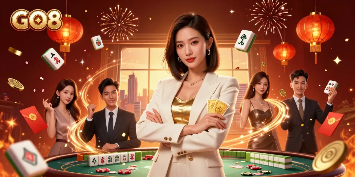 Engage in exciting gaming at GO8 with a powerful businesswoman showcasing cards amid a vibrant casino atmosphere.