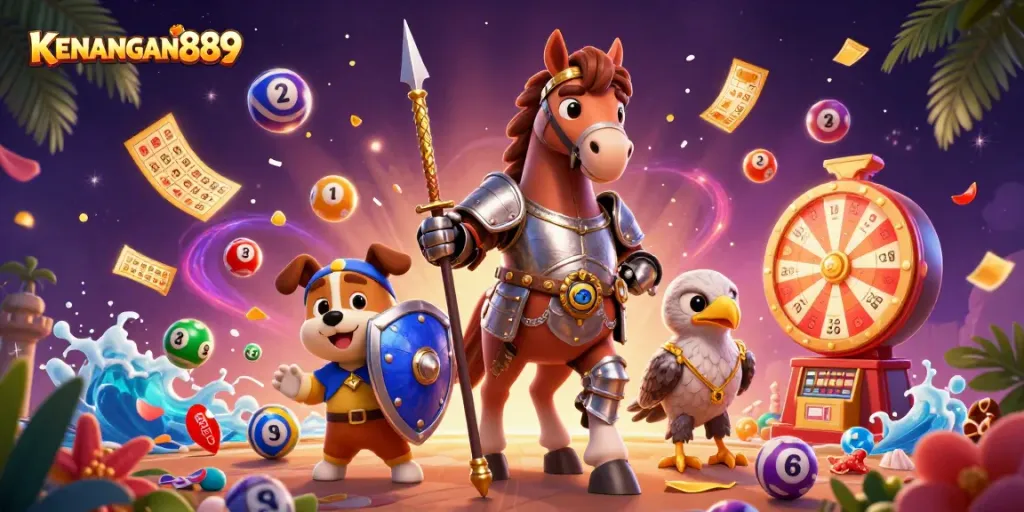 Experience KENANGAN889's vibrant gaming activities with a dynamic 3D illustration featuring lottery elements.