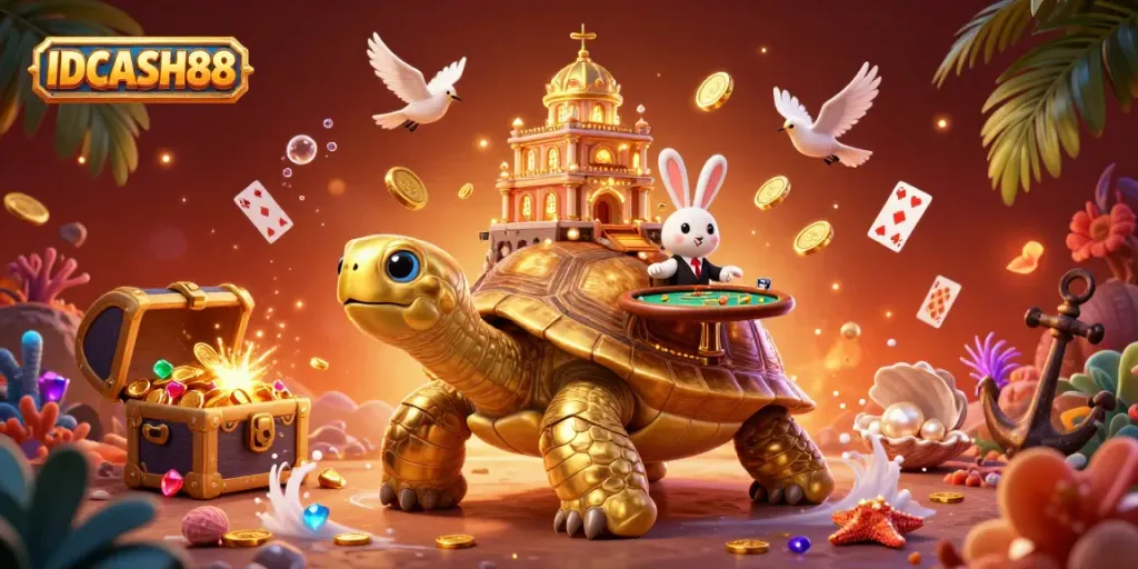 Engage with IDCASH88's vibrant gaming universe featuring a golden tortoise, rabbit dealer, and underwater treasures.
