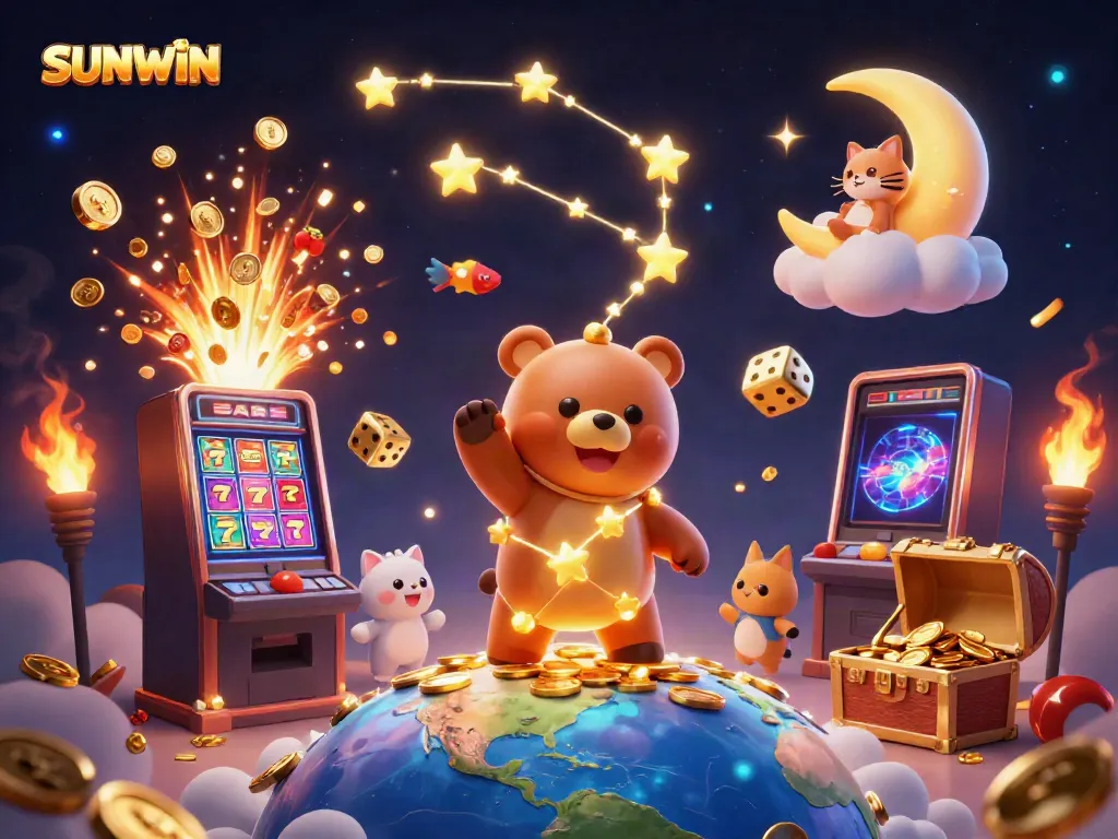 SUNWIN offers a vibrant 3D illustration featuring a constellation bear and characters celebrating wins in a casino.