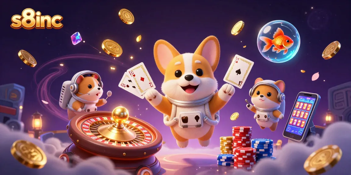 Experience thrilling gaming action at s8inc with a vibrant 3D illustration featuring an astronaut corgi and casino elements.