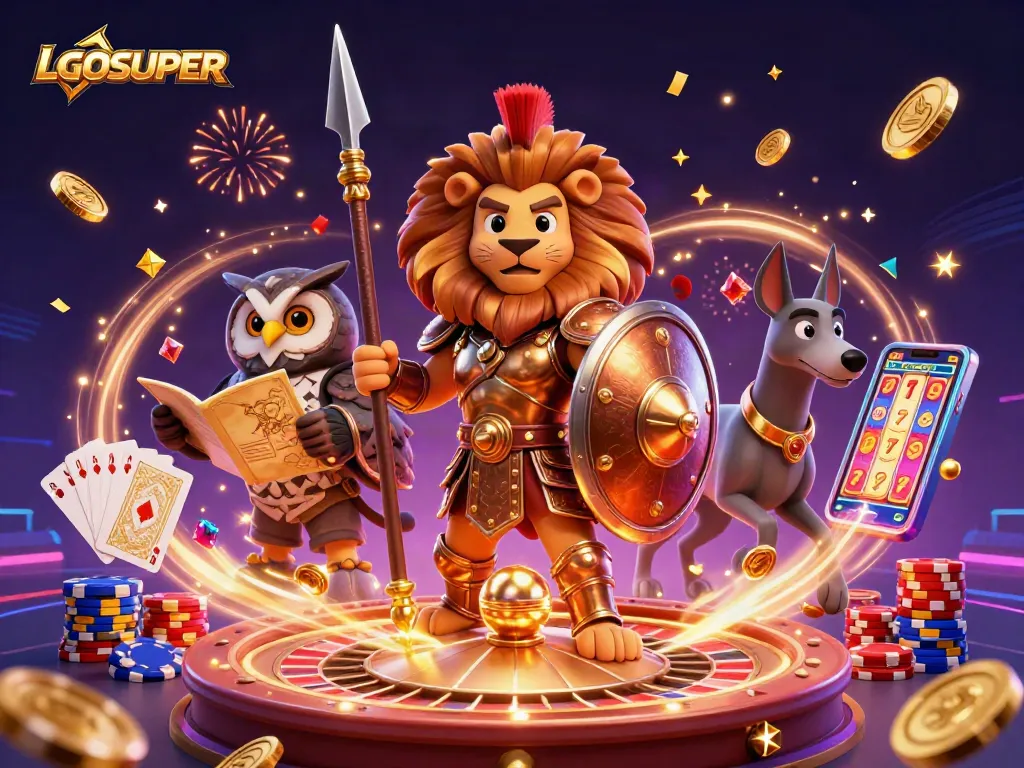 Engage with LGOSUPER, showcasing a vibrant 3D casino scene with champions amid gold coins and gems.
