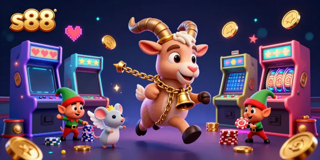 Engage with the thrilling world of s88 casino gaming featuring a Krampus goat and lively characters.