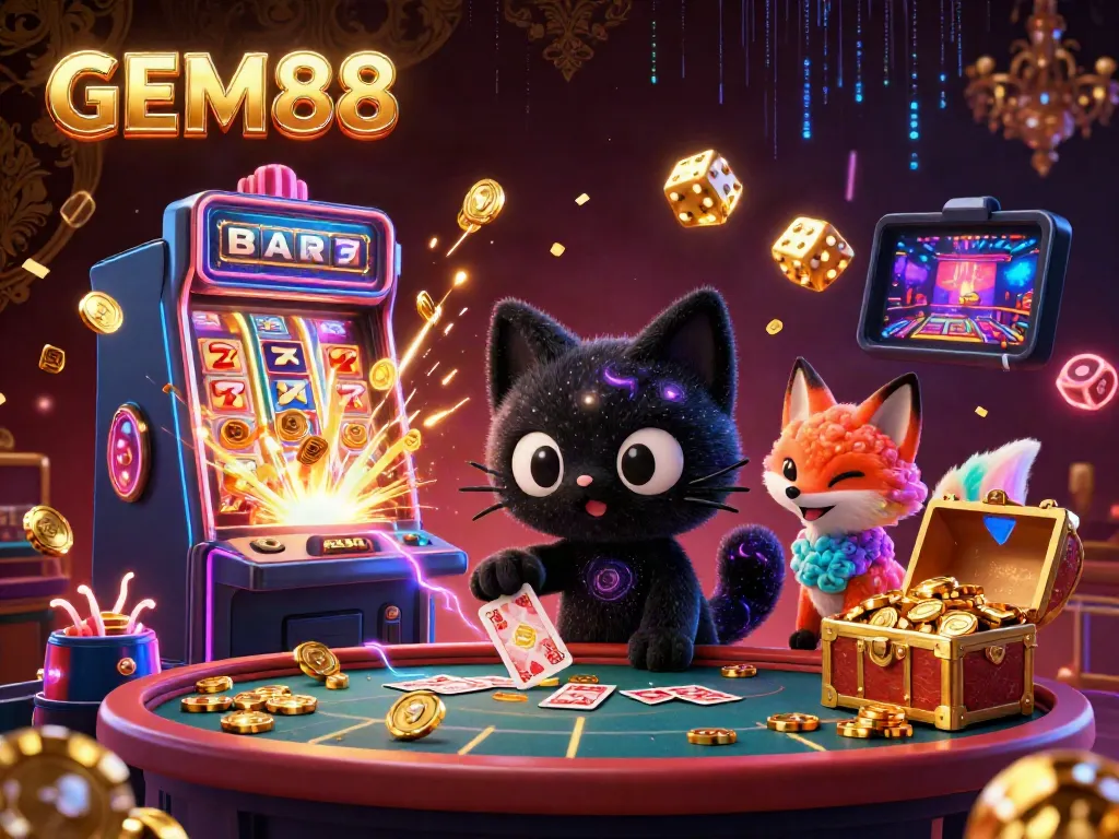 Experience the excitement of GEM88 as a cosmic black hole cat captivates players at a dazzling casino table.