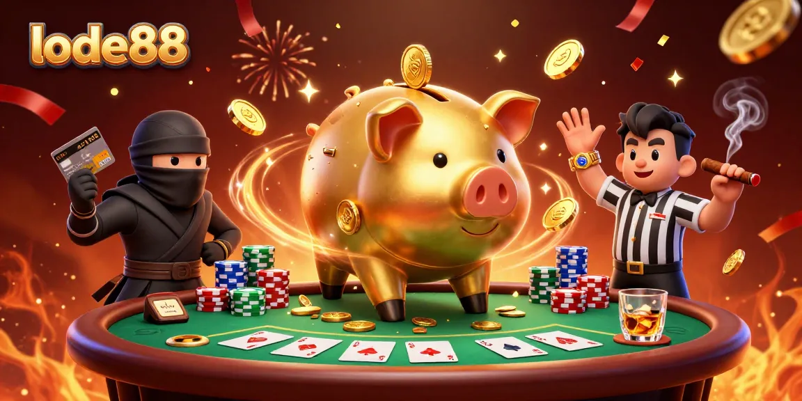 Engage with lode88's vibrant casino scene featuring dynamic characters and poker elements.