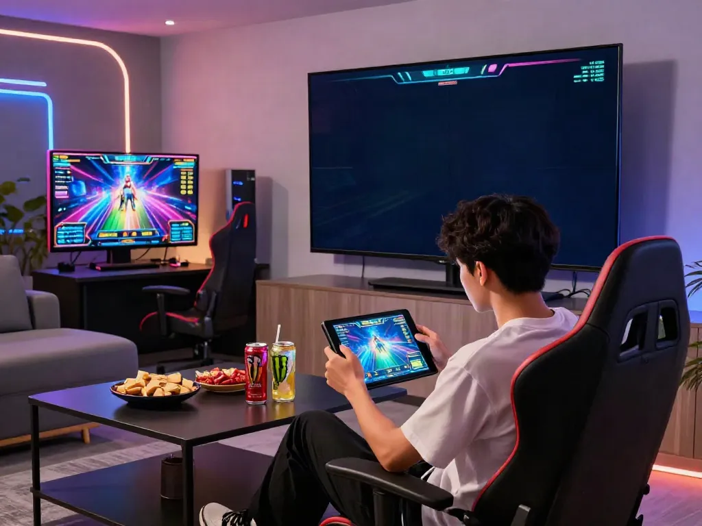 Engaging player experiencing qqmacan alternatif on a tablet in a vibrant gaming lounge