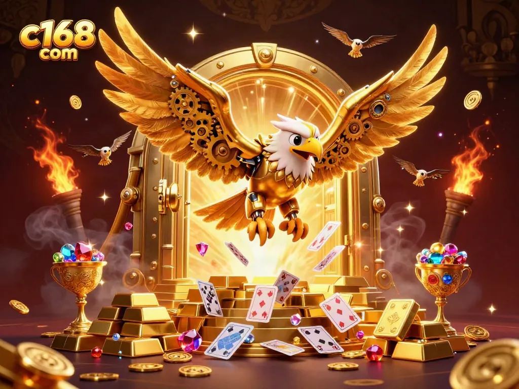 Catch thrilling wins at c168 com with a dynamic 3D scene featuring a golden eagle soaring among playing cards.