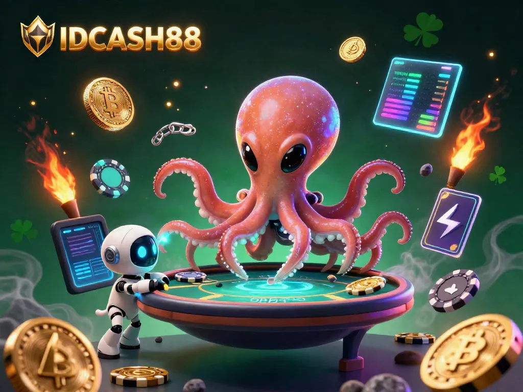 Experience thrilling poker action with IDCASH88 in an alien-themed 3D digital gambling scene.