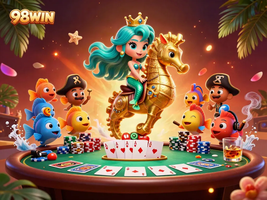 Engage and win with 98WIN at an exciting poker table featuring a vibrant cartoon scene.
