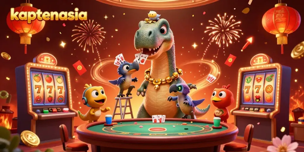Kaptenasia menampilkan dinosaur brontosaurus 3D yang unik di kasino, bermain kartu dan merayakan kemenangan.