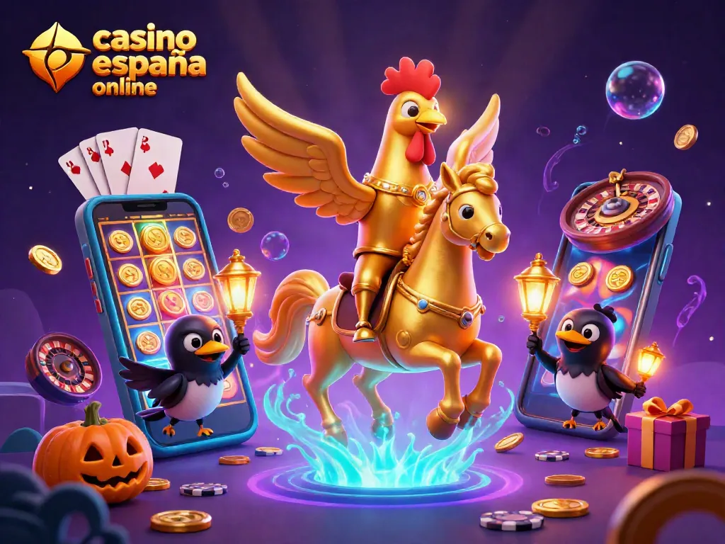 Juega en casino España online con tragamonedas coloridas y giros, rodeado de personajes fantásticos.
