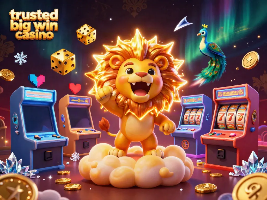 Experience the thrill of trusted big win casino with our dynamic 3D illustration of a roaring lion and gaming elements.