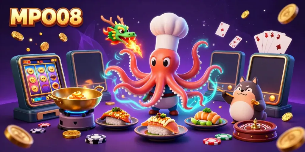 MPO08 presents a lively casino scene with a sushi chef octopus, dragon, and tanuki among golden gaming elements.