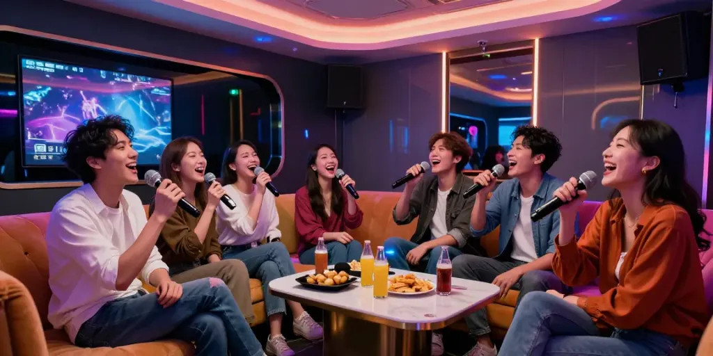달토에서 친구들과 즐기는 활기찬 노래방 장면