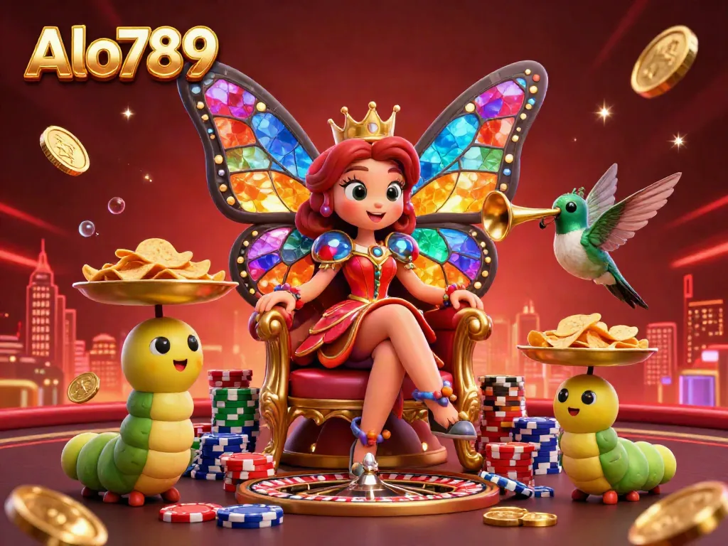 Alo789 brings excitement with a 3D butterfly queen in a vibrant casino scene filled with colorful poker chips and golden tokens.