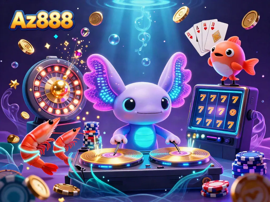 "Experience Az888's vibrant gambling scene with a neon axolotl DJ and sparkling treasures."