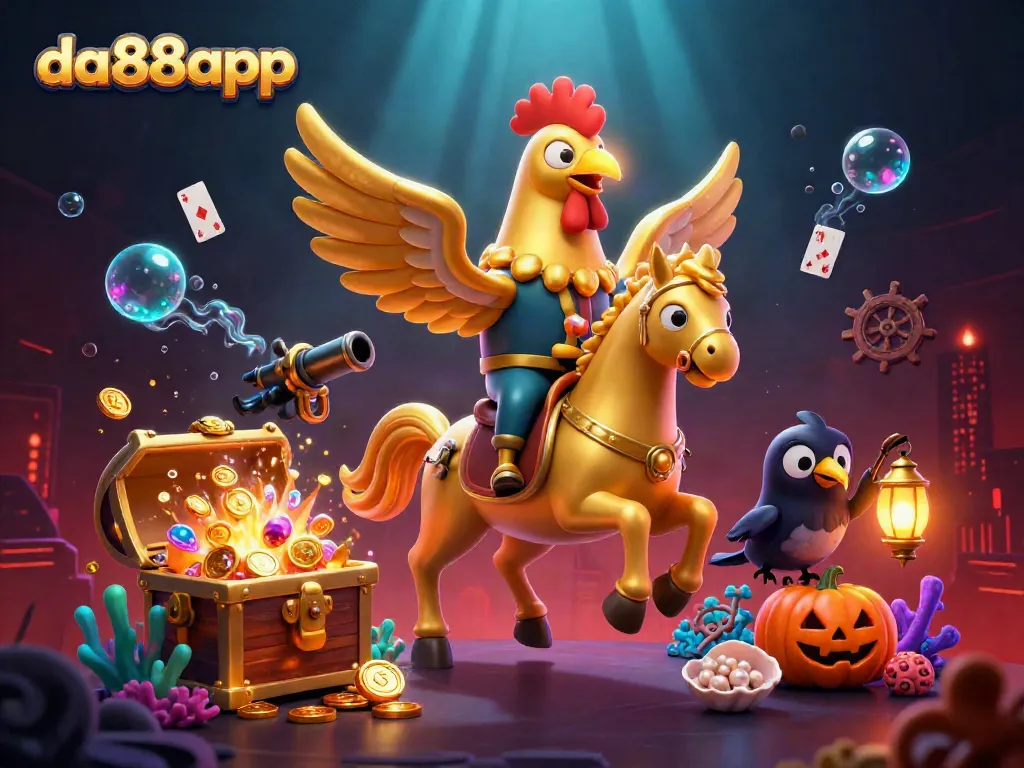 Experience gaming thrills with da88app featuring a golden rooster and friends in a vibrant casino.