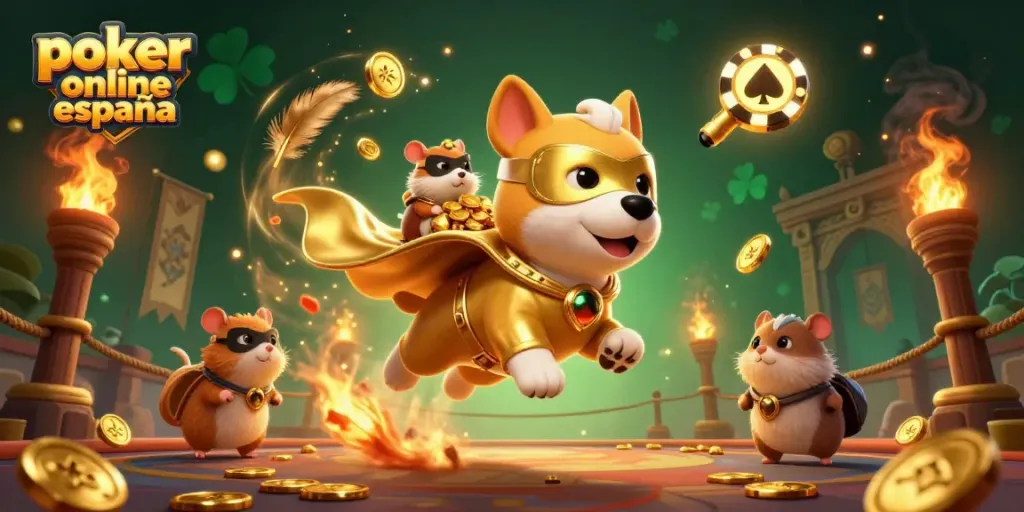 Juega al póker online España con un perro superhéroe y un hámster en una escena vibrante.