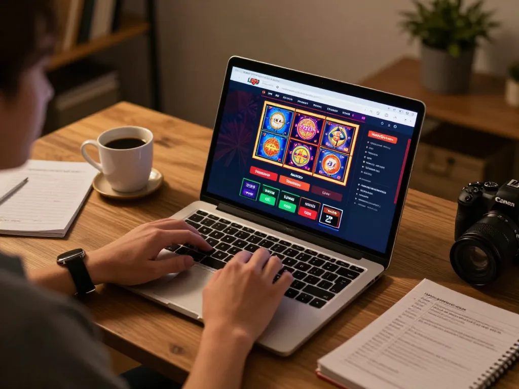 Engaged player exploring gaming options on qh88go's online casino platform with vibrant slot graphics.