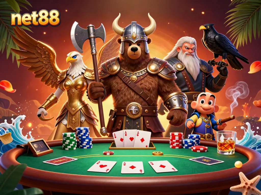 Experience thrilling poker action with net88 in an elaborate 3D illustration featuring unique characters.
