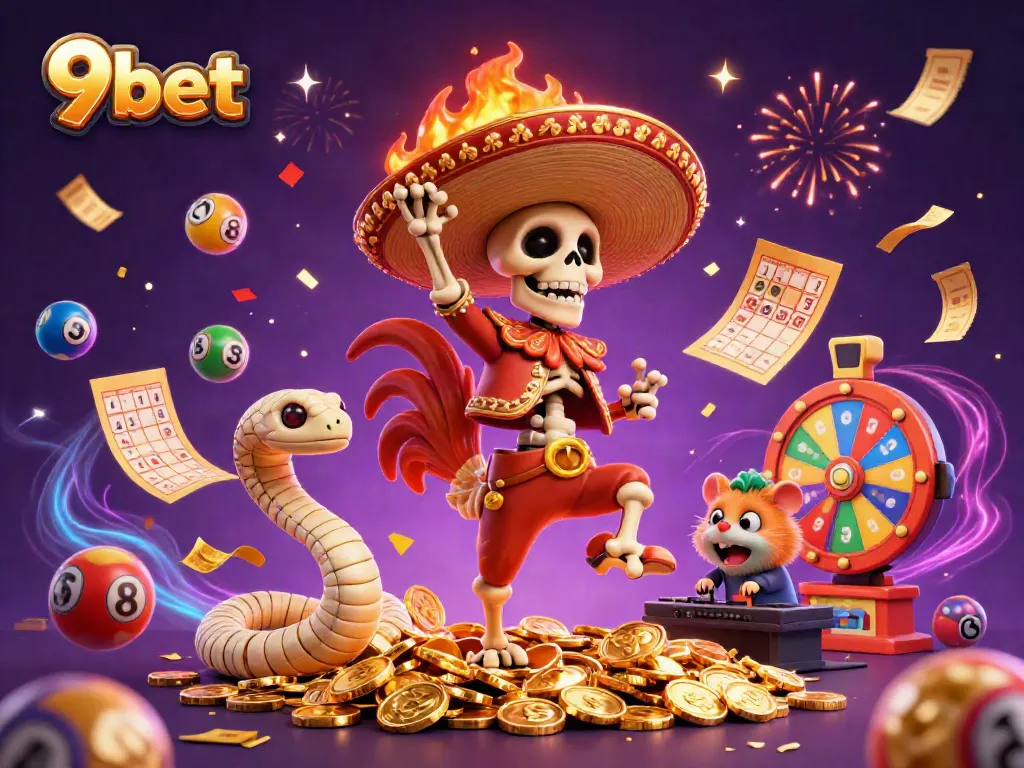 Win big with 9bet, a vibrant illustration of a festive mariachi rooster, spinning prize wheels, and colorful lottery balls.