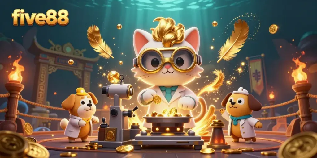 Experience the thrilling action of five88 with a scientist and dog at a gold coin machine amidst a vibrant casino scene.