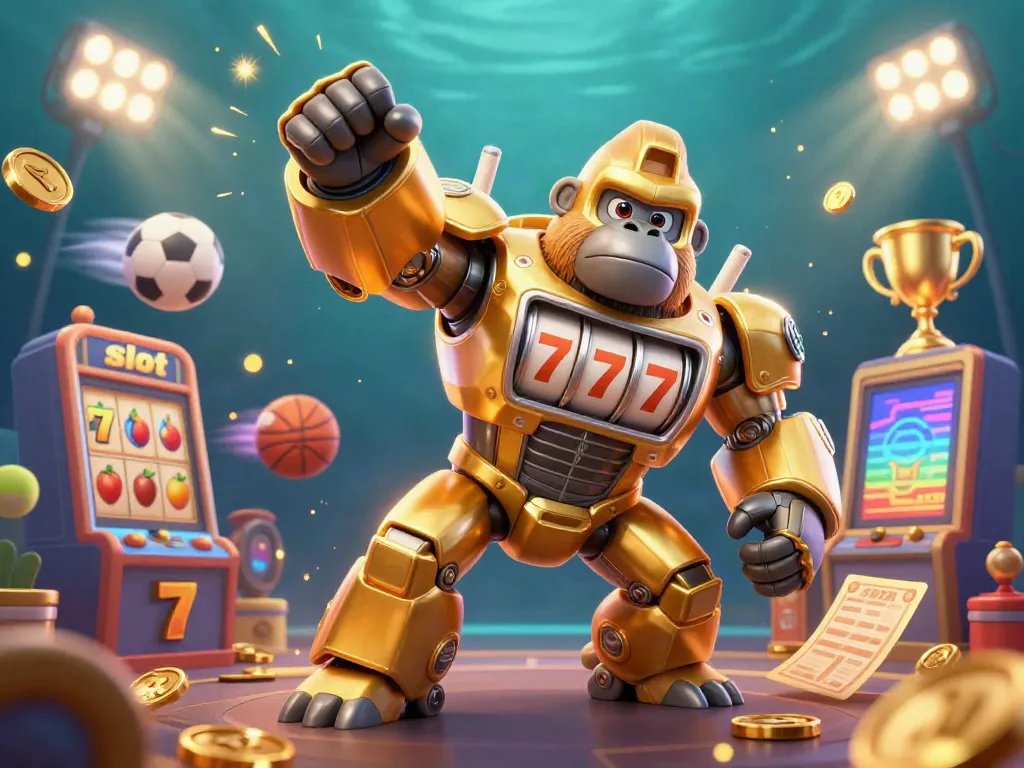 Engage with the thrilling slot gaming world through a vibrant illustration of a slot machine gorilla mech and dynamic elements.