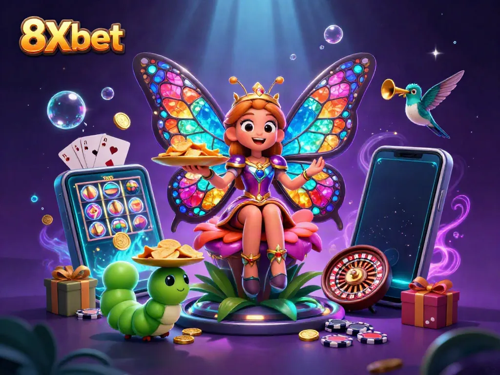 Engage with the vibrant world of 8Xbet, featuring a butterfly queen surrounded by gaming elements and prizes.
