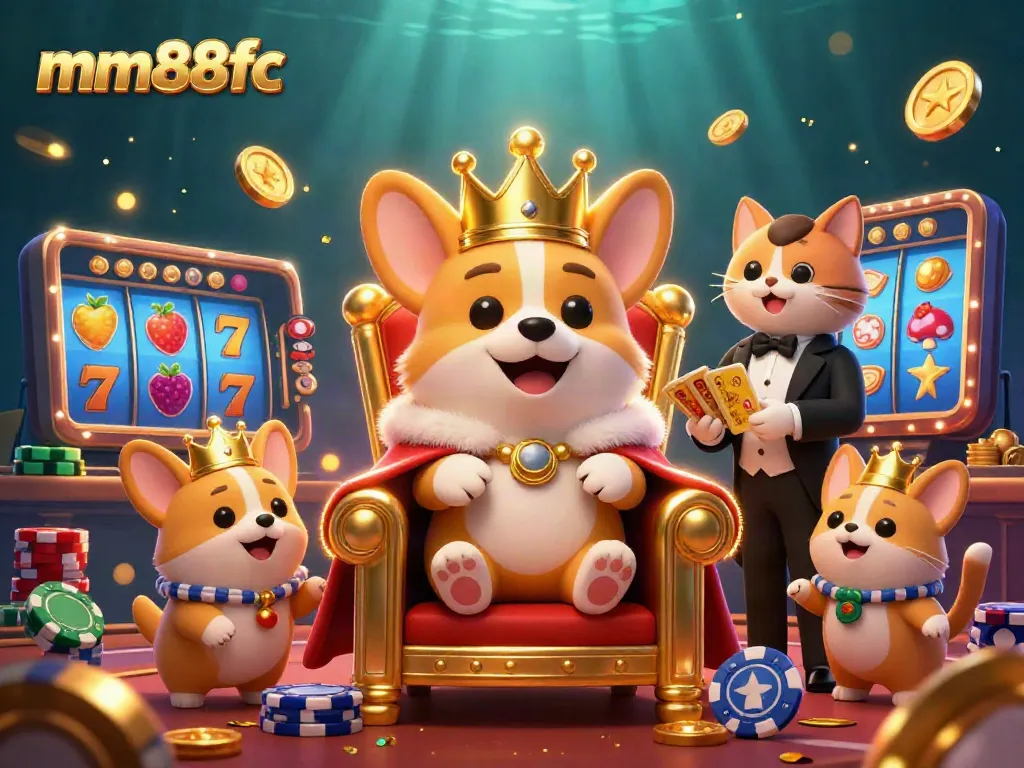 Engage with mm88fc casino fun featuring a royal corgi and vibrant slot reels in a 3D illustration.