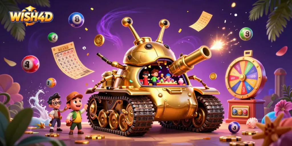 Experience WISH4D excitement with a 3D casino tank and vibrant elements of chance.