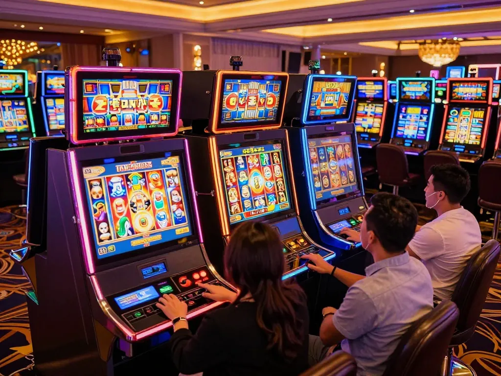 Engaged players at mpoid slot machines celebrate exciting wins in a lively casino atmosphere