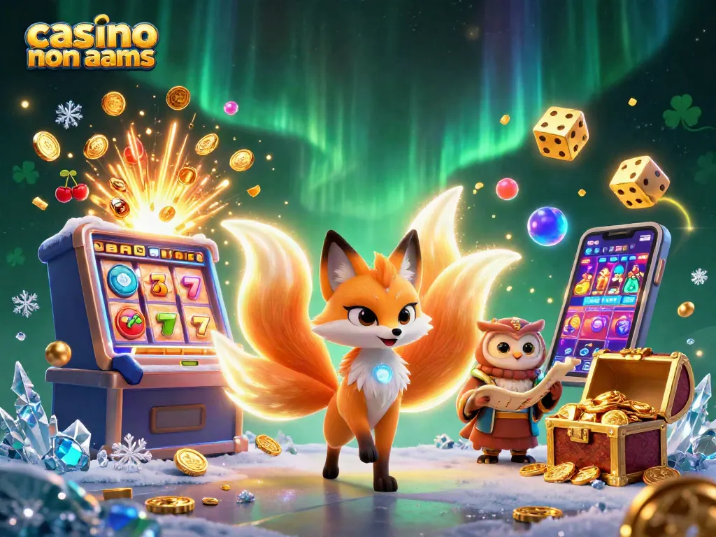Esplora il mondo dei casino non AAMS con un'immagine vibrante di una volpe spiritosa e simboli delle slot.