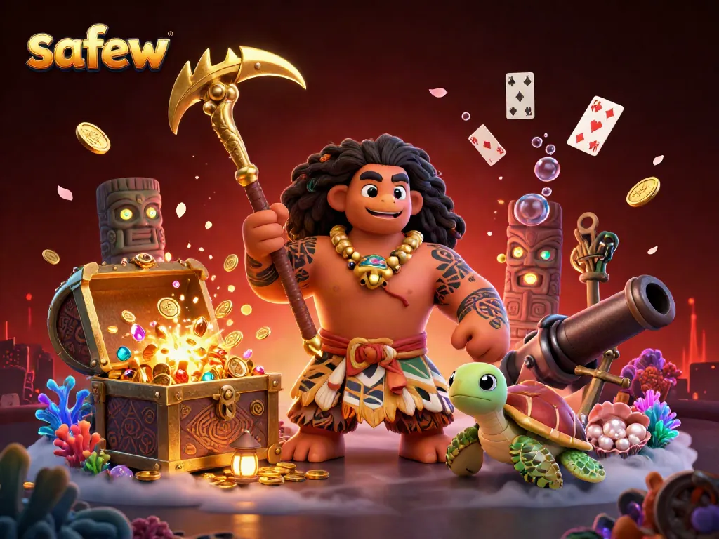 Engage in a thrilling adventure with safew featuring a cartoon demigod and treasures in a casino-inspired underwater scene.