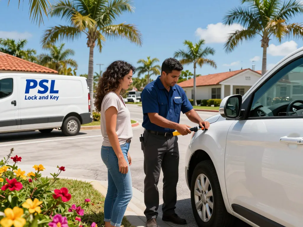 PSL Lock and Key Jensen Beach technician providing car lockout service outdoors, showcasing professionalism in a vibrant Florida setting.