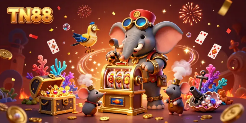 Experience the excitement of TN88 with a vibrant 3D steampunk elephant operating a golden slot machine amidst treasures.