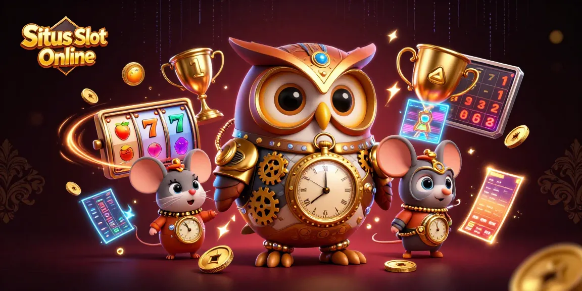 Situs Slot Online offers thrilling gameplay with vibrant slot reels, lucky symbols, and a dynamic animated scene.
