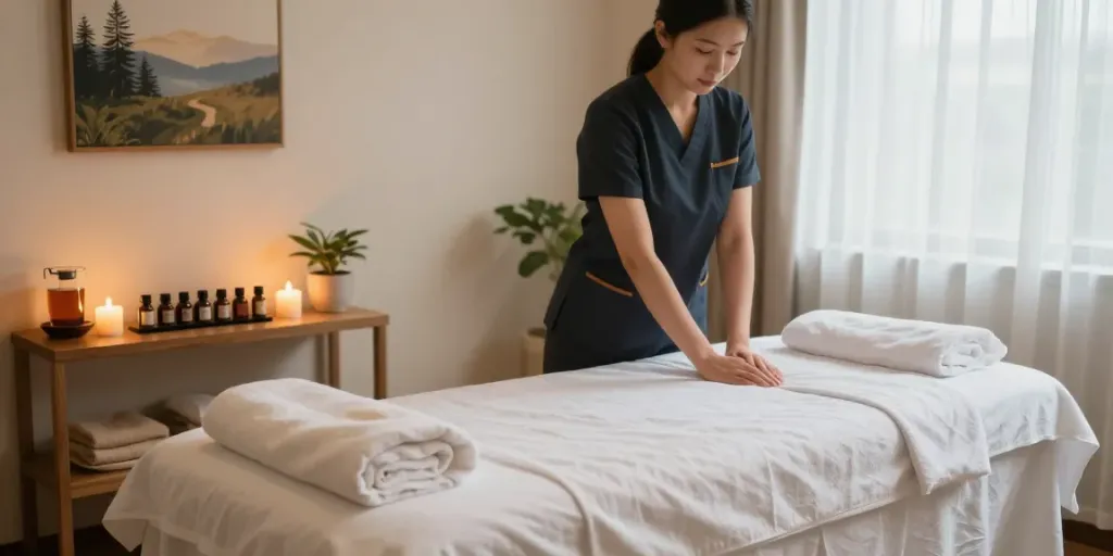 A serene massage therapy room prepared for a tranquil 동탄출장안마 experience featuring essential oils, soothing decor, and calming atmosphere.