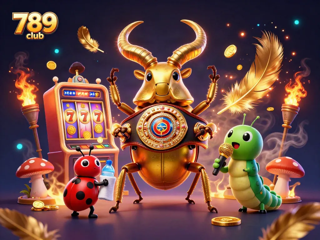 Engaging illustration of a giant stag beetle and friends in a lively casino scene promoting 789 club