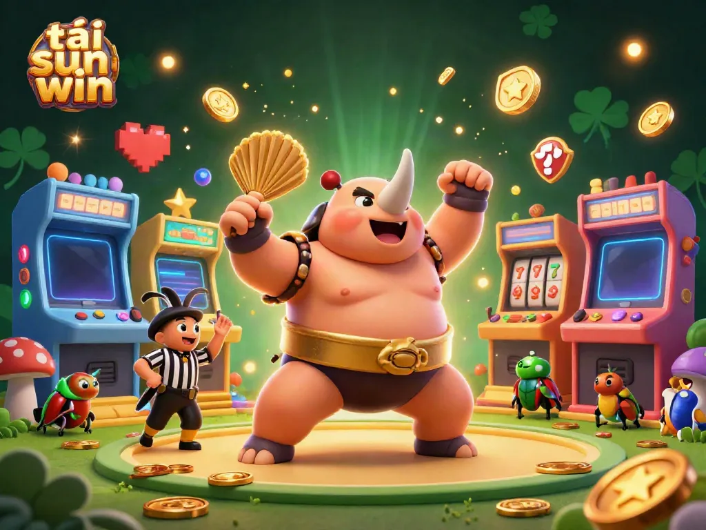 Experience the excitement of tải sun win as a sumo champion beetle celebrates winning with flying coins in a vibrant casino setting.