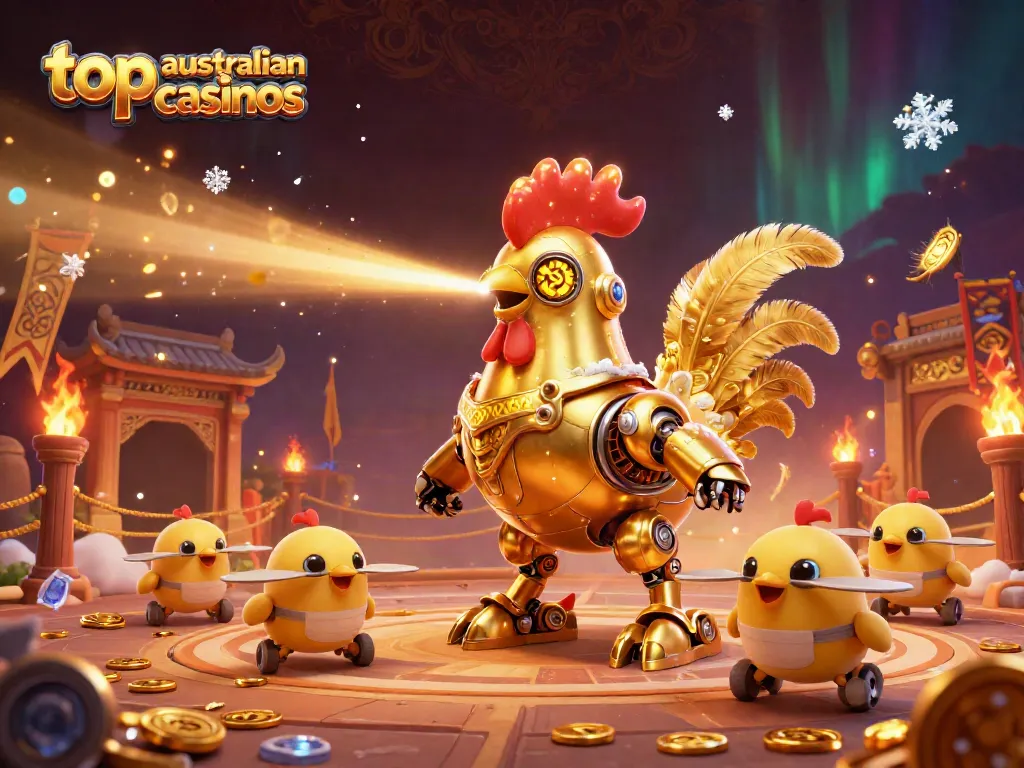 Experience top Australian casinos with dynamic gaming action featuring a golden rooster robot and baby chick drones.
